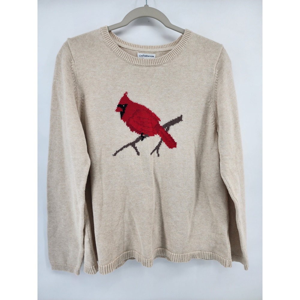 Croft & Barrow Womens XL Beige Cotton Knit Cardinal Bird‎ Intarsia Sweater